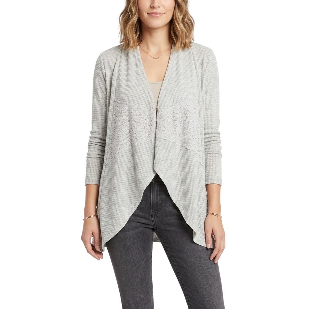 RXB Womens Open Front Longline Cardigan Waffle Knit Lace Light Grey Size M